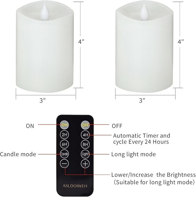 3x4 Flickering Flameless Candles Set of 2, 2AA Battery Life 600 Hours Battery Candles Flickering with Timer,4 inch Flameless Candles with Remote for Indoor/Outdoor, White