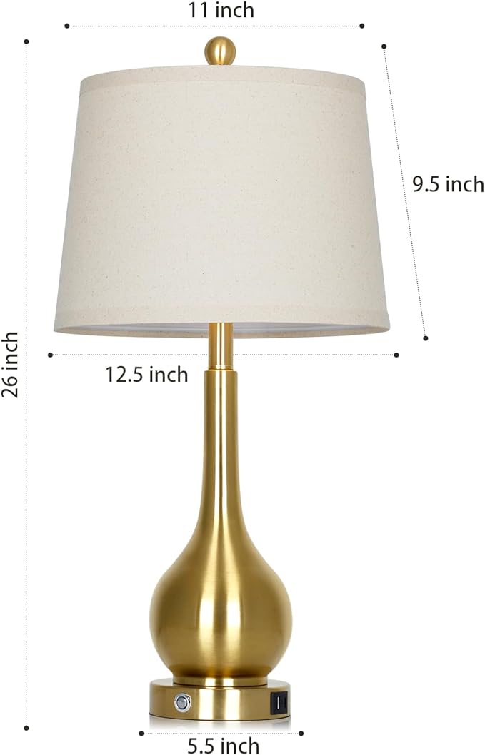 26" Gold Lamps Set of 2 for Living Room, Touch Control Table Lamps for Bedroom, 3-Way Dimmable Bedside Lamps for Nightstand with with USB A+C Ports (2 LED Bulbs Included)