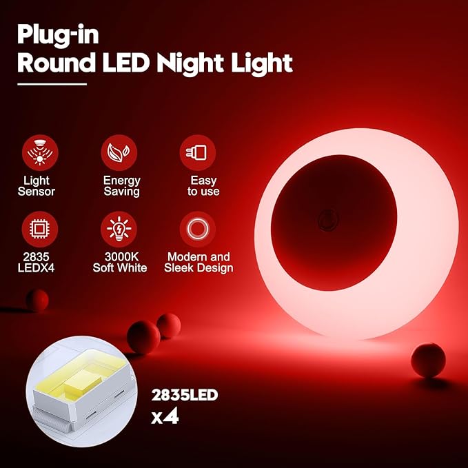 Night Light, Night Lights Plug into Wall, Dusk to Dawn Sensor, Red Led Night Light 0.5W, 2 Pack Nightlight for Adults, Bedroom, Bathroom, Hallway, Kitchen