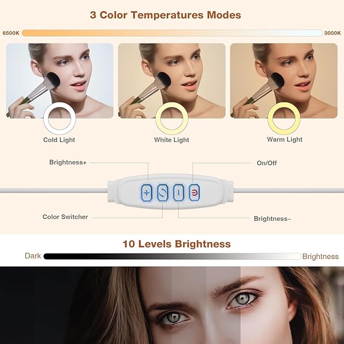 Suction Cup LED Vantiy Lights for Mirror, Flexible Gooseneck Stick on Selfie Ring Light for Makeup Vanity Table & Bathroom Mirror, 3 Color Modes & 10 Brightness, Plug in, Silver