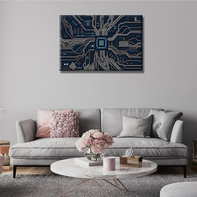 1 Panel Canvas Wall Art Computer Chip Wall Art for Living Room CPU Concept Wall Decorations Electronic PC Abstract Home Decor Modern Artwork for Home Walls Giclee Framed Ready to Hang 16X24 INCH