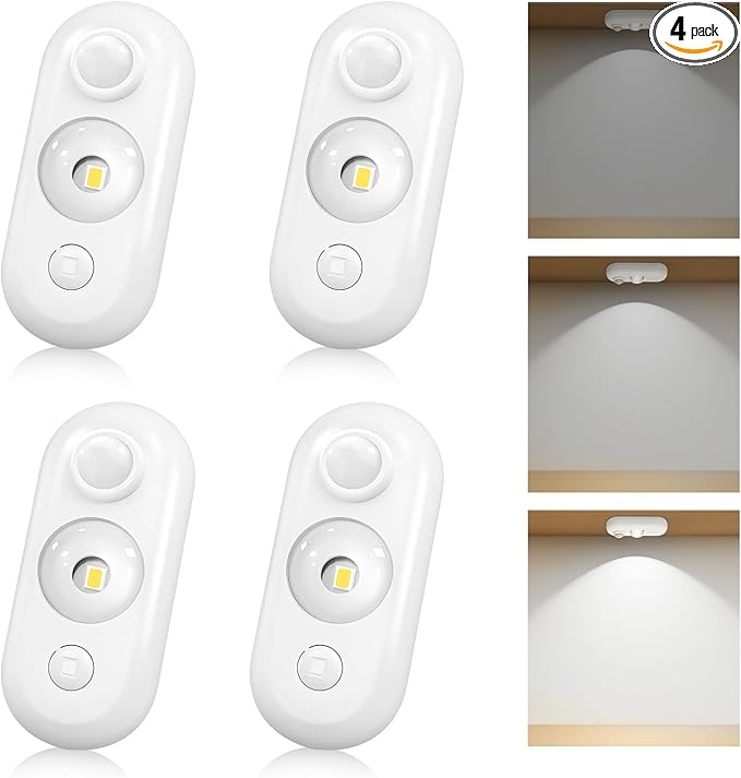 LED Motion Sensor Puck Lights, Small Rechargeable Under Cabinet Light, Dimmable Daylight White Closet Lights, Wireless Under Cabinet Lighting for Drawer, Kitchen (4 Pack, White)