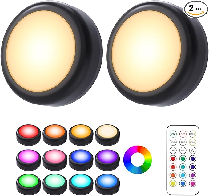 Cadrim Puck Lights, 2 Pack 13 Colors Changeable LED Puck lightings Battery Powered Dimmable Under Cabinet Lights, Battery Powered Under Counter Lights with 1 Wireless Remote Controls, Black