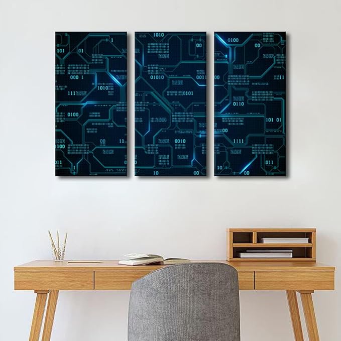 3 Panels Wall Decor CPU Concept Canvas Wall Art Technology Digital Art Contemporary Artwork for Office Electronic PC Picture Print on Canvas Framed for Living Bedroom Home Ready to Hang(28" Wx42 H)