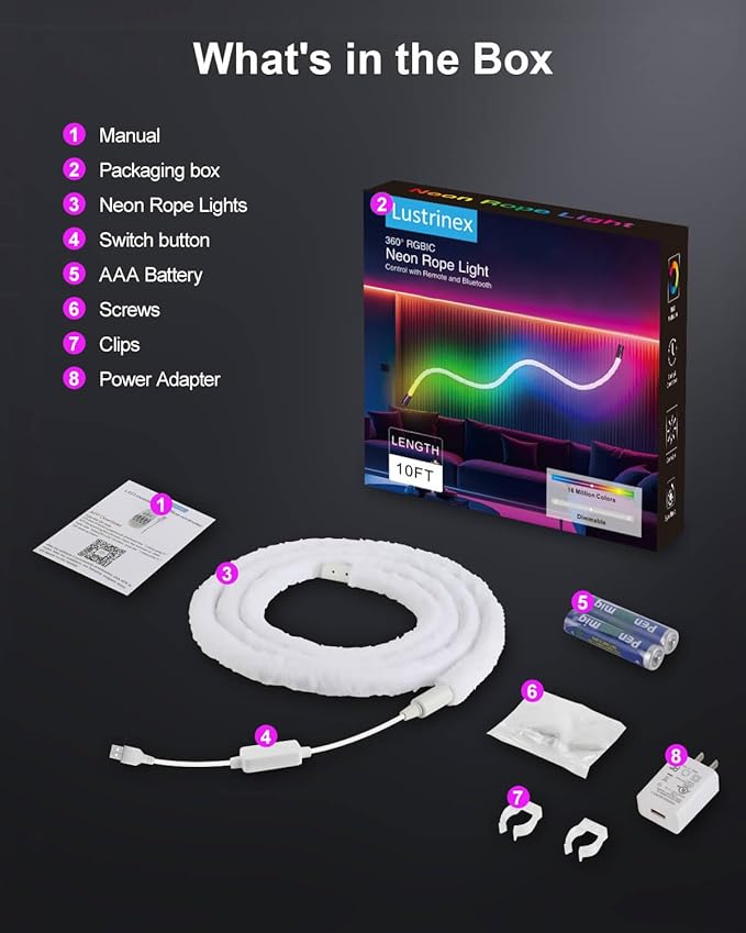 LED Neon Rope Lights, 10ft RGBIC 360° Luminous 5v USB Bluetooth APP Control Music Sync IR Remote Color Changing Smart LED Strip Lights for Bedroom Gaming Party Decor