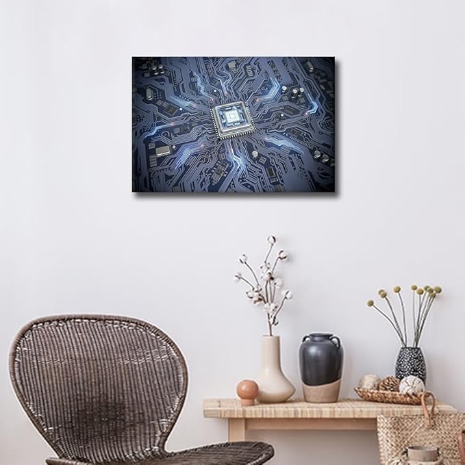 1 Panel Computer Chip Canvas Prints CPU Concept Wall Art Paintings Circuit Board Posters Stretched AI Pictures for Living Room Modern Home Decor Framed Wall Art Decorations, 24x16in