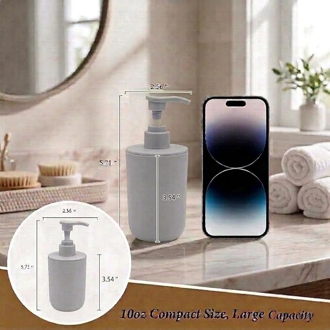 4-Piece Bathroom Organizer Set, Light Grey Plastic Countertop Storage with Toothbrush Holder, Lotion Soap Dispenser, Qtip Holder & Vanity Tray – Clean Bathroom Decor for Modern Spaces