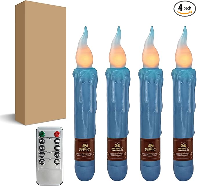 Dark Blue Flameless Short Taper Candles, Real Wax Hand Dipped LED Battery Operated with Remote, Flickering Flame Lights for Festival Party Home Décor, 6.7 Inch Primitive Flameless Candles, 4PCS