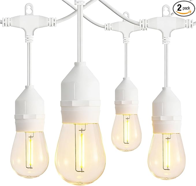 Banord White Outdoor String Lights, Commercial Grade Patio Lights with 30 1W S14 Dimmable Shatterproof LED Bulbs, Heavy Duty Hanging Lights for Outdoor, Waterproof String Lights 96ft (2x48ft)