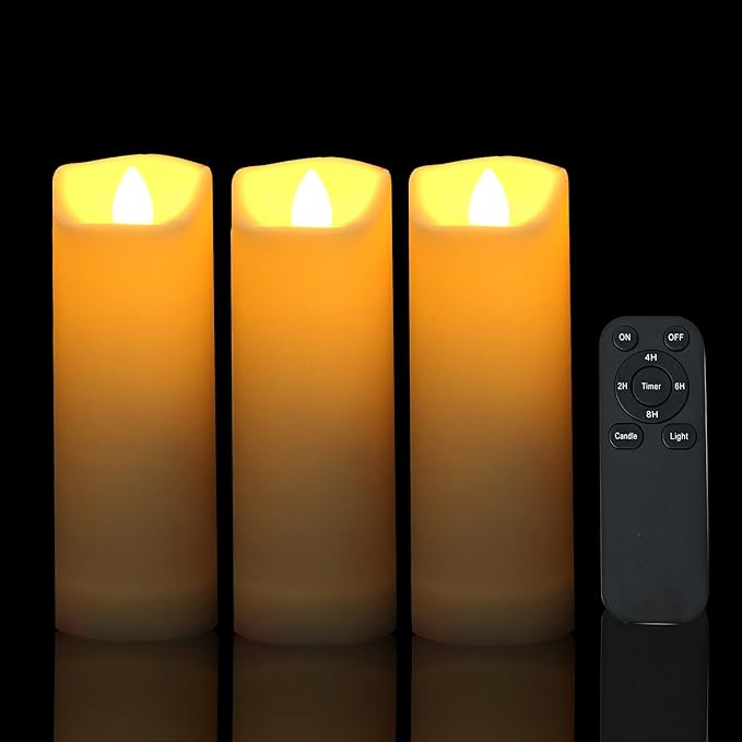 Battery Operated Flameless LED Pillar Candle with Remote Cycling Timer, Realistic Plastic Electric Tall Flickering Light for Indoor Outdoor Bookshelf Dinner Party Centerpiece Fireplace Decor Pack of 3