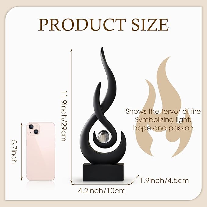 Black Flame Statue Decor for Living Room, 11.8″ H Modern Minimalist Sculptures Home Decorations for Dining Room, Abstract Art Sculpture for Shelf Coffee Table Centerpiece