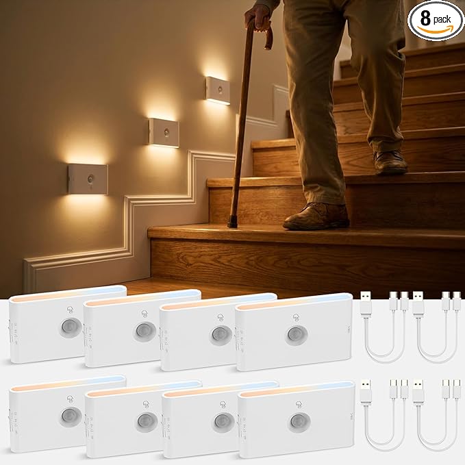 wowatt Rechargeable Motion Sensor Stair Light, Whtie Automatic Lights with Magnetic Mount, Dimmable Step Lights Indoor for Stairway, Hallway, Kitchen, Bathroom(8 Packs)