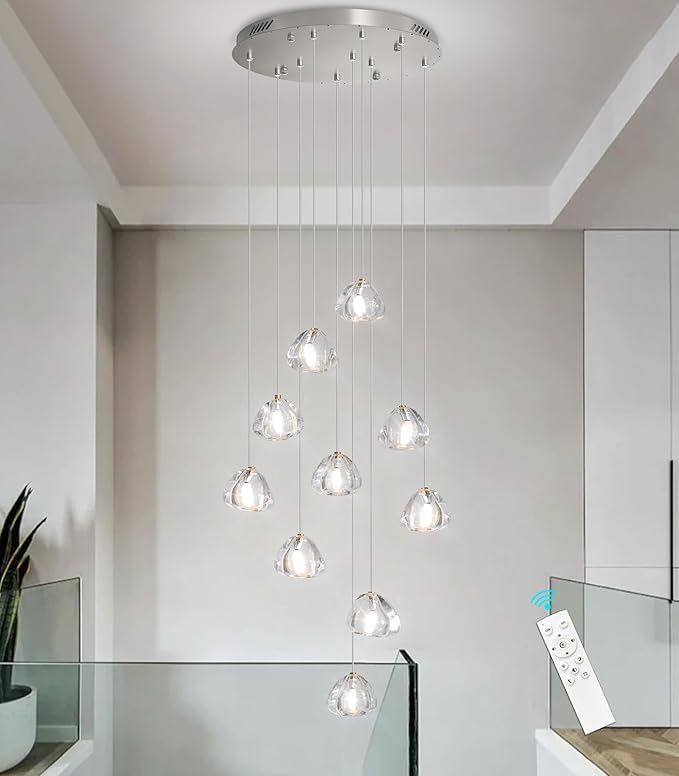 Glam Chandelier with LED Dimmable Bulbs Bubble Crystal Balls Glam Chandeliers High Ceiling Pendants Light Fixtures Adjustable Long Lights Brushed Nickel