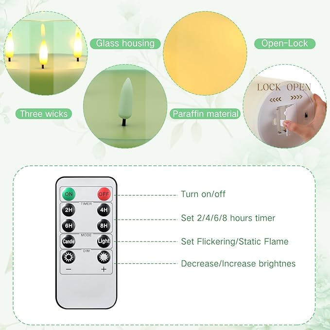 Retisee 6'' x 6'' Extra Large Flameless Candles, 3 Wick Glass Large Candles with Remote Control and Timer Function, Real Wax LED Pillar Flickering for St. Patrick's Spring Party Decor(Green,1 Pcs)
