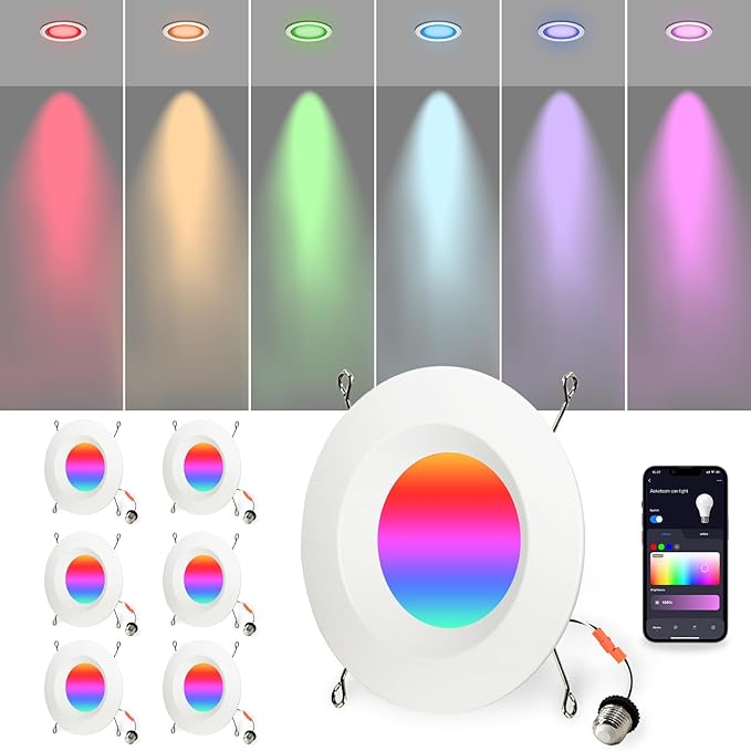 Wi-Fi & Retrofit Led Recessed Lighting 6 inch,Color Changing Recessed Lights,Led Can Light Multi Color,9W 750LM Smart Downlight,Compatible with Alexa/Google,IC Rated & ETL Certified,6 Pack