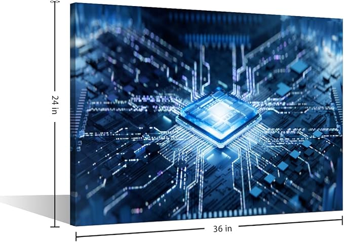TUMOVO Digital Age Canvas Paintings CPU Concept Bedroom Wall Art Computer Chip Contemporary Home Decor AI Bathroom Decor Wall Art Modern Artwork Ready to Hang for Living Room Office, 36x24in