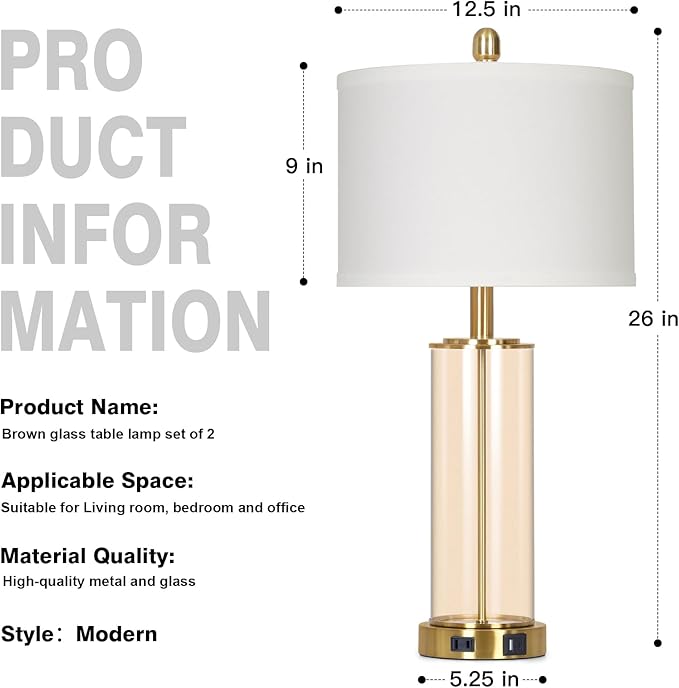 26" Glass Table Lamp Single, 3-Way Dimmable Touch Control Living Room Lamp with USB C+A Ports & AC Outlet, Modern Bedside Lamps, Bedroom Lamps for Nightstand Side End Table Desk, Brown-1PK
