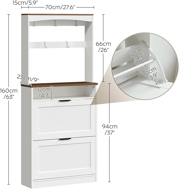 Tall Shoe Cabinet with Flip Drawers and Coat Rack, Floor Standing Modern Shoe Storage Organizer, 2-in-1 Hall Tree with Movable Hooks and Open Shelves, for Entryway, White and Walnut SC01WHY1