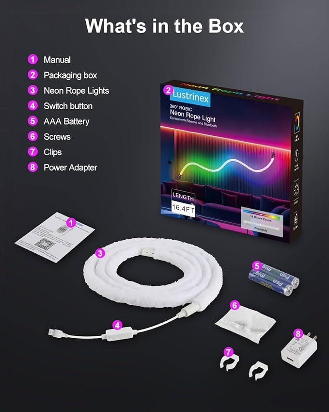LED Neon Rope Lights, 16.4ft RGBIC 360° Luminous 5v USB Bluetooth APP Control Music Sync IR Remote Color Changing Smart LED Strip Lights for Bedroom Gaming Party Decor