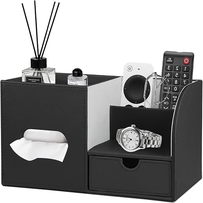 PU Leather Square Tissue Box Cover with Tray and Organizer,Multi-Function Remote Control Tissue Holder for Vanity, Nightstand,Bathroom,Home and Office
