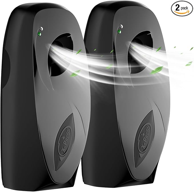 Automatic Air Freshener Spray Dispenser 2-Pack, Programmable Wall Mounted/Freestanding Aerosol Dispenser, Spray Refill Sprayer for Home & Commercial, No Drilling (Black)