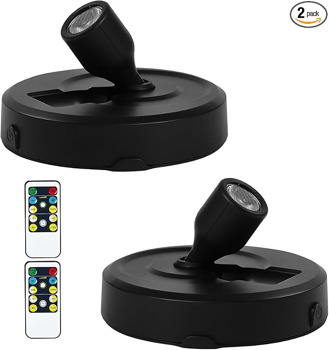 Wireless Spotlight Battery Operated, 2-Pack Tap Closet Light LED Puck Lights with Remote, Stick on Artwork Lighting with Rotatable Head for Wall Entrance Hallway Basement Artwork Decorative