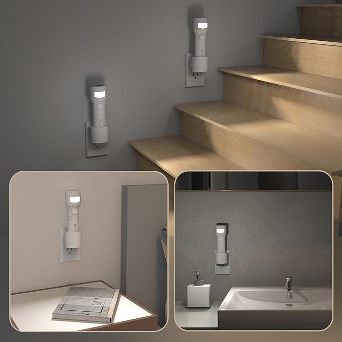 Motion Sensor Night Light, 4 in 1 LED Rechargeable Plug in Flashlight & Nightlight, Emergency Power Failure Light for Bedroom, Hotel Hallways, Hurricane (2 Pack)