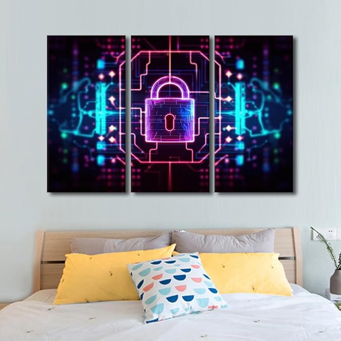Framed Canvas Wall Art 3 Panels Padlock on Technological Circuit Background with Neon Lights, Cyber Security Concept Posters and Prints for Home Wall Decoration, Ready to Hang, 60" Wx40 H