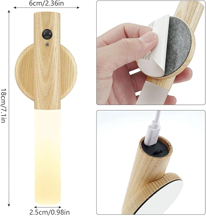 Battery Operated Wall Sconce Cordless LED Wall Light with Motion Detection Indoor USB Rechargeable Night Light Wood Stick Magnet Wall Lighting Fixtures with Switch Small Portable Cabinet Lights