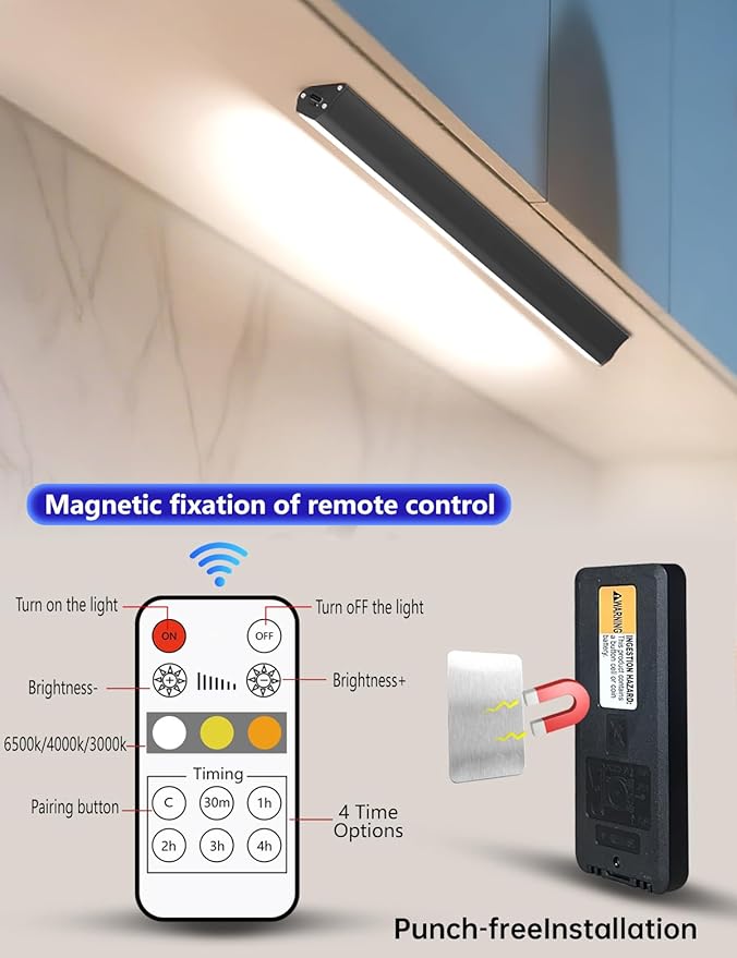Under Cabinet Lighting Wireless, 2400mAh Rechargeable Cabinet Light, Battery Operated, Magnetic, Stick on, 106 LED 3-Color Shelf Lights, dimmable, with Remote Control(Black, 2-Pack, 12.2 inch