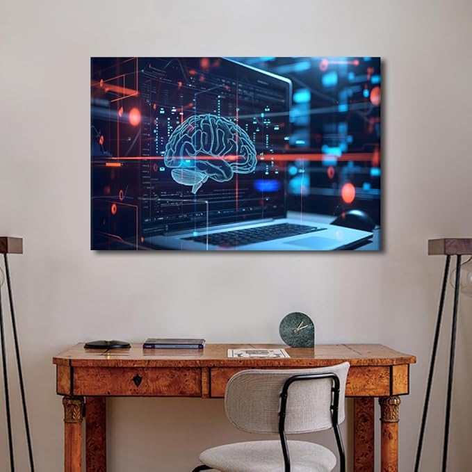 TUMOVO Artificial Intelligence Concept with Human Brain Wall Art for Bedroom Large Living Room Wall Decor Digital Brain on Modern Computer Background Poster Framed Ready to Hang 24" Wx36 Hx1 Panel