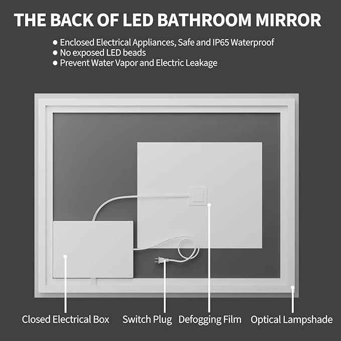Koonmi 36x48 LED Bathroom Mirror, Backlit + Front Lit, LED Bathroom Mirror with Lights for Wall, 3 Colors, Anti-Fog, Dimmable Brightness, Memory Function, Tempered Glass