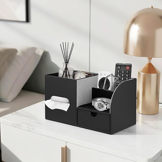 Leather Nightstand Organizer with Tissue Holder,Square Tissue Box Cover with Organizer, Decorative Modern Facial Paper Storage Box for Bathroom Living Room Vanity Table Countertop Office Black