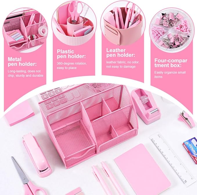 Pink Desk Organizers and Accessories with Desk Organizer 360° Rotating Pen Holder and Office Supplies, Cute Stationery Supplies Set