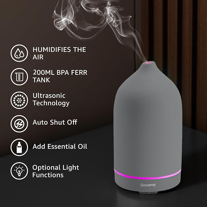 200ML Ceramic Essential Oil Diffuser - Ultrasonic Aromatherapy & Humidifier with 7-Color LED Lights, Auto Shut-Off, Grey, 1H/3H/6H Timer | Scent for Home,Office,Yoga