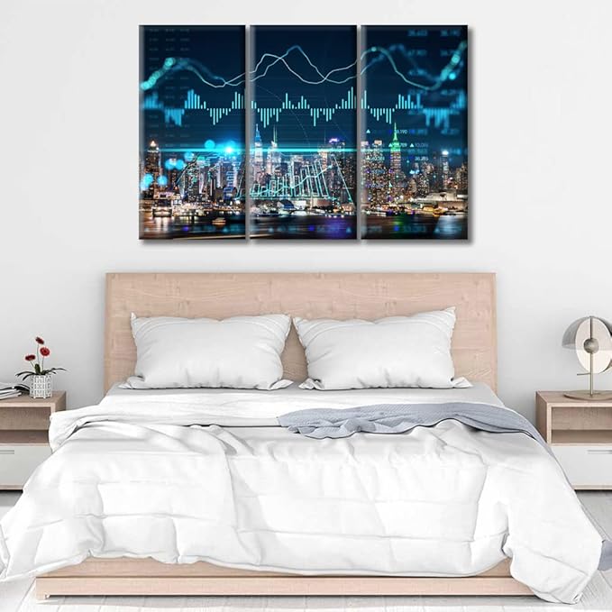 TUMOVO 3 Panels Office Decor Night Manhattan Midtown USA Pictures Wall Art for Living Room Concept of Internet Trading Brokerage and Analysis Posters and Prints Framed Ready to Hang (42" Wx28 H)