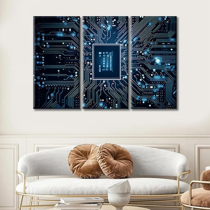 Office Wall Art Circuit Board High-Tech Technology Canvas Wall Art Circuit Network Contemporary Artwork Chip Pictures Wall Art for Living Room Bedroom Decor Framed Ready to Hang (36"Wx24"H)