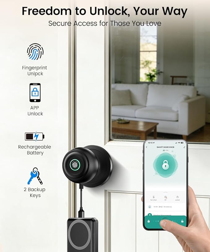 Fingerprint Door Lock, Smart Fingerprint Door Knob with Lock, Biometric Door Locks with App Control & Key, Keyless Thumbprint Entry Door Locks for Bedroom, Front Door, Apartment-Polished Black