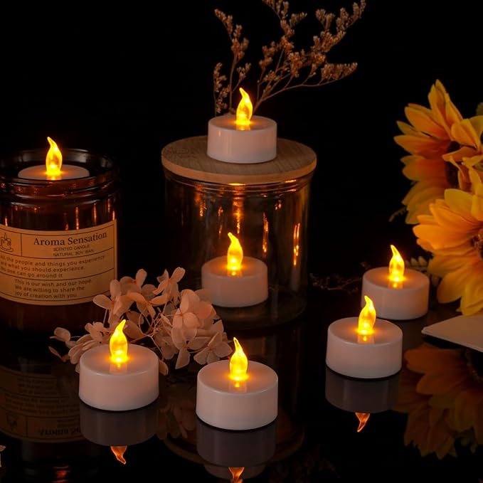 Tea Lights Flameless Battery Operated Candles-12Pack LED Electric Flickering Votive Candle Long Lasting 200 Hours, Realistic and Bright for Seasonal Festive Celebrations Decoration Warm Yellow