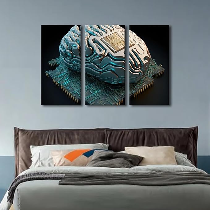 TUMOVO Modern Decor Brain and Computer Chip Pictures AI Posters and Prints 3 Panel AI Canvas Wall Art for Living Room House Decoration Giclee Ready to Hang Gallery-Wrapped, 36" Wx24 H