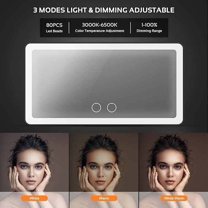2PCS Car Sun Visor Vanity Mirror with 3 Light Modes & 80 LEDs, Rechargeable LED Cosmetic Makeup Mirror Essentials for Women, Dimmable Touch Control, Universal for Car Truck SUV