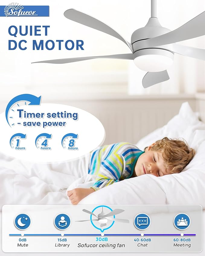Sofucor 45 Inch Ceiling Fan with Lights and Remote, Indoor/Outdoor Ceiling Fan with Light 6-Speed 3 CCT 3-Timer, Low Profile White Ceiling Fan 5 Blade Quiet DC Motor for Bedroom Living Room Patio