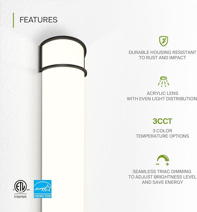 ASD LED 36" Vanity Flush Mount Light Fixture, Linear Bathroom Lighting Bar | 3CCT, Dimmable, Energy Star, ETL Listed | 30W 2650LM 3000-5000K 120V | Long Bath Wall Sconce Over Mirror | Black, 2 Pack