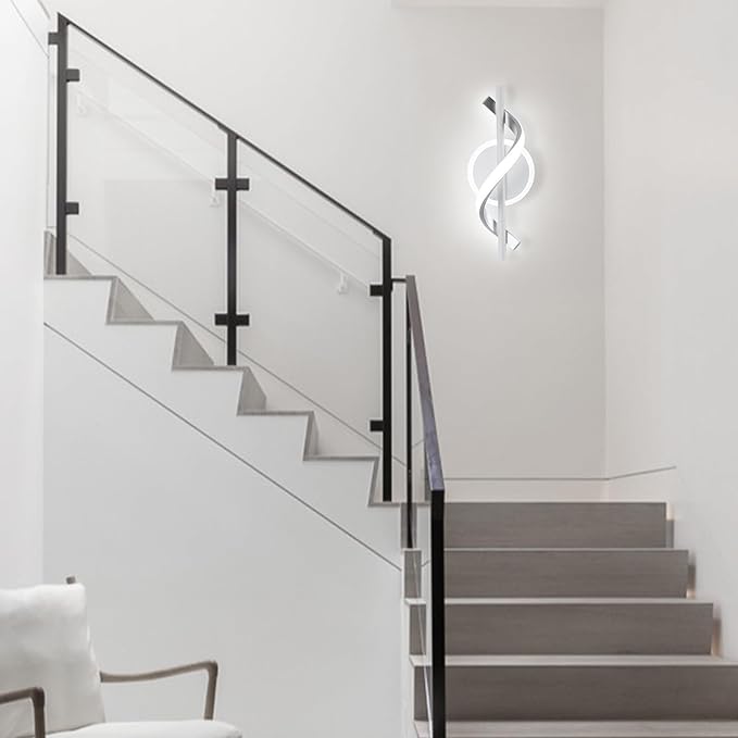 LED Wall Sconces Indoor, 12W LED Wall Lights, Modern Spiral Wall Lamp, 6000K Cold White Wall Mount Light Fixture for Stairs Living Room Bedroom Aisle Hallway (Cool White, White)