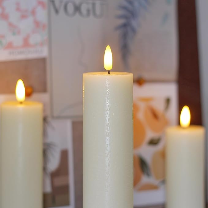 Flickering Flameless Pillar Candles with Remote Control and Cycle Timer,Ivory Pack of 4 Battery Operated(Powered by 2AA) LED Real Wax Tall Fake 3D-Wick Electric Candles(D 2.2” x H 4”,6”,8”,10”)