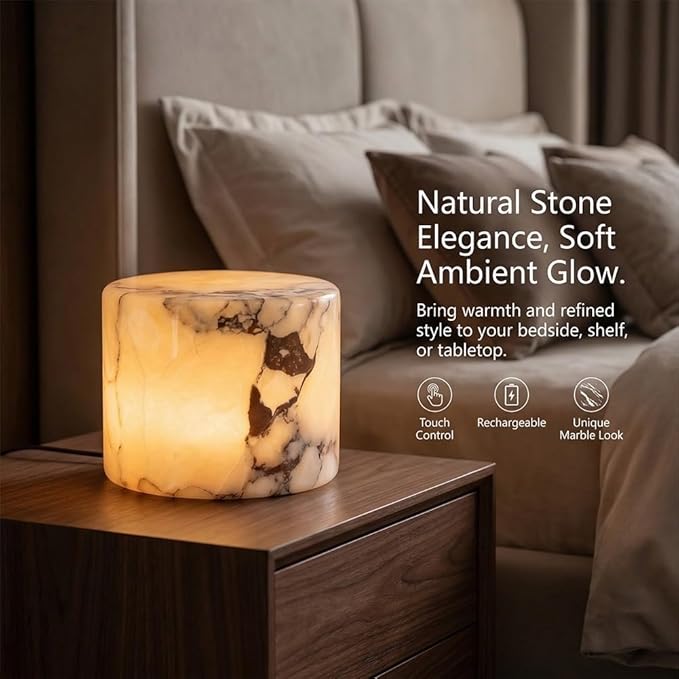 Marble Lamp Night Light Touch Bedside Table Lamp, Type C Rechargeable Natural Stone Accent Decor with 3 Way Dimmable Warm Glow, Cordless Ambient Lighting for Bedroom Living Room Desk Shelf Gift(#A)