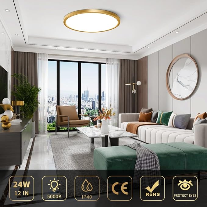 2 Pack 12Inch Gold LED Ceiling Light Fixture Flush Mount, 24W(240W Equivalent), 3200LM, 5000K Daylight White, IP40, Flat Modern Round Ceiling Light for Bedrooms, Living Rooms, Bathrooms, Kitchens, etc