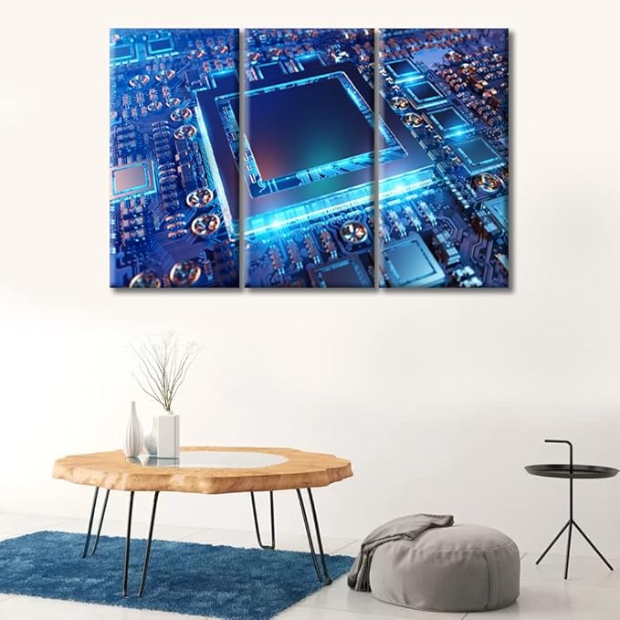 TUMOVO Home Decor Computer Processors CPU Poster Artwork Pictures Bathroom Decor Wall Art 3 Panel CPU Concept Contemporary Home Decor Print on Canvas Framed Ready to Hang (36" Wx24 H)