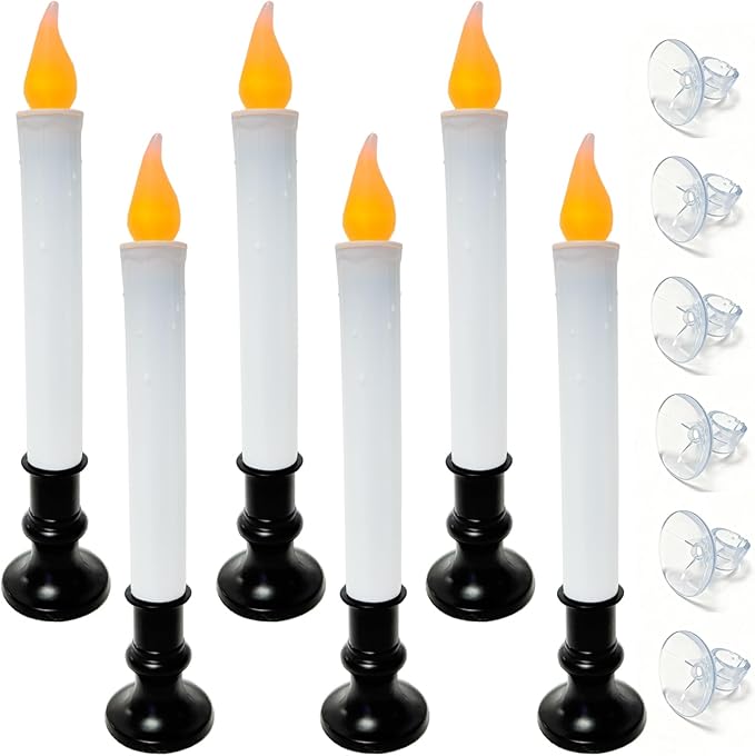 6 Pack 9" Black Base LED Candle Lights with Dusk to Dawn Sensor, Battery Powered Flameless Candles for Indoor Table Party Decor