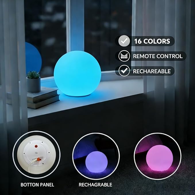 LED Night Light Ball Globe Lamp with Remote 8 Inch 16 RGB Colors Dimmable Mood Lights Rechargeable Outdoor Globe Light for Patio Nursery or Home Decor IP65 Waterproof Ball Light